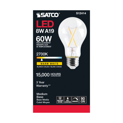 image of 8 Watt LED A19 - Clear - Medium Base - 2700K - 90 CRI - 120 Volt