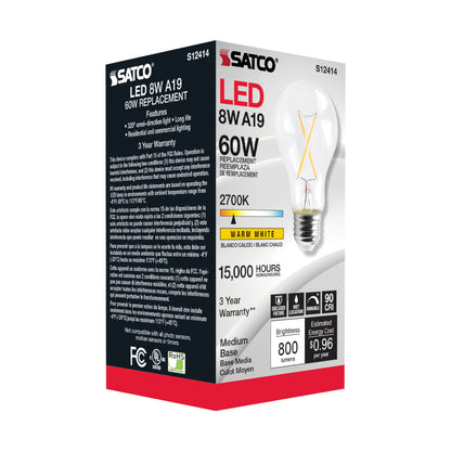 image of 8 Watt LED A19 - Clear - Medium Base - 2700K - 90 CRI - 120 Volt