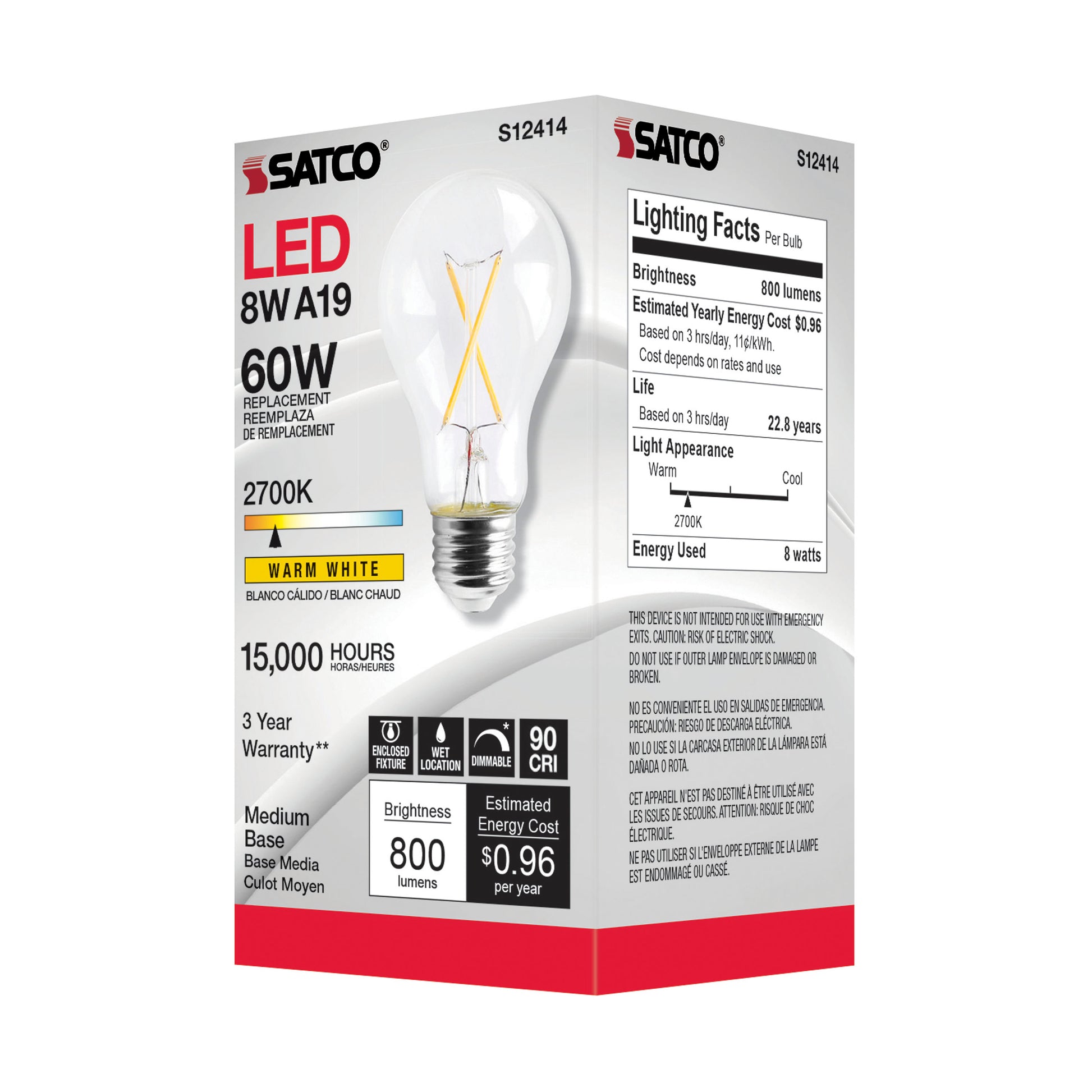 image of 8 Watt LED A19 - Clear - Medium Base - 2700K - 90 CRI - 120 Volt