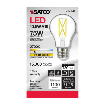 image of 10.5 Watt LED A19 - Clear - Medium Base - 2700K - 90 CRI - 120 Volt