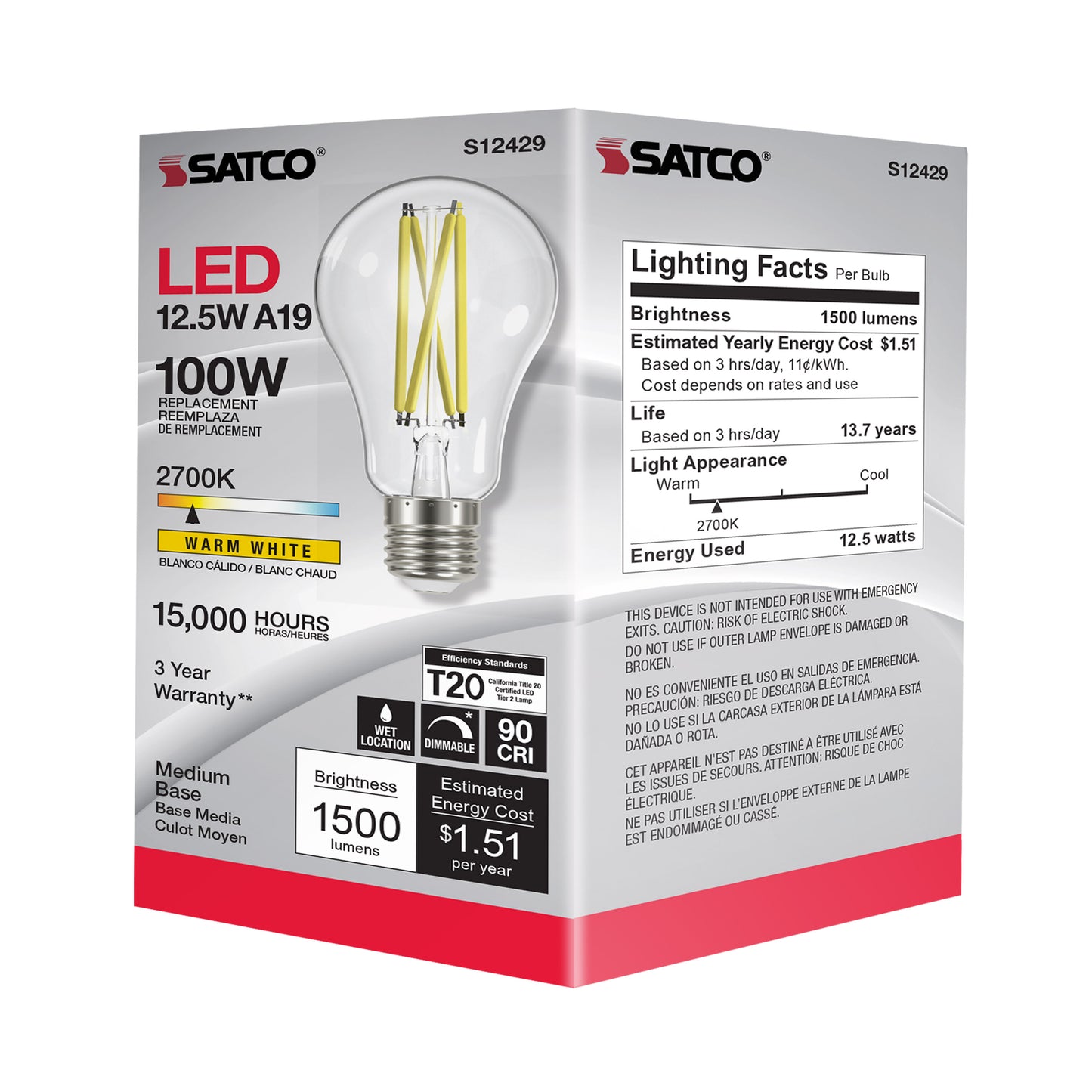 image of 12.5 Watt LED A19 - Clear - Medium Base - 2700K - 90 CRI - 120 Volt