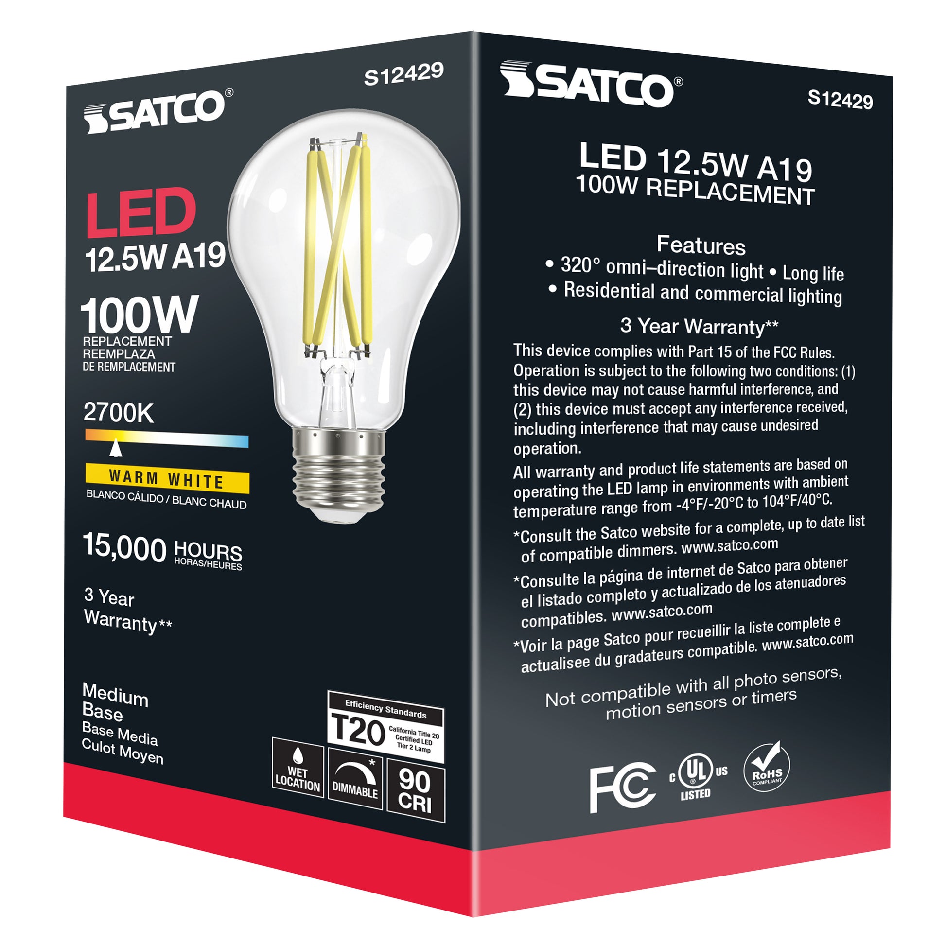 image of 12.5 Watt LED A19 - Clear - Medium Base - 2700K - 90 CRI - 120 Volt