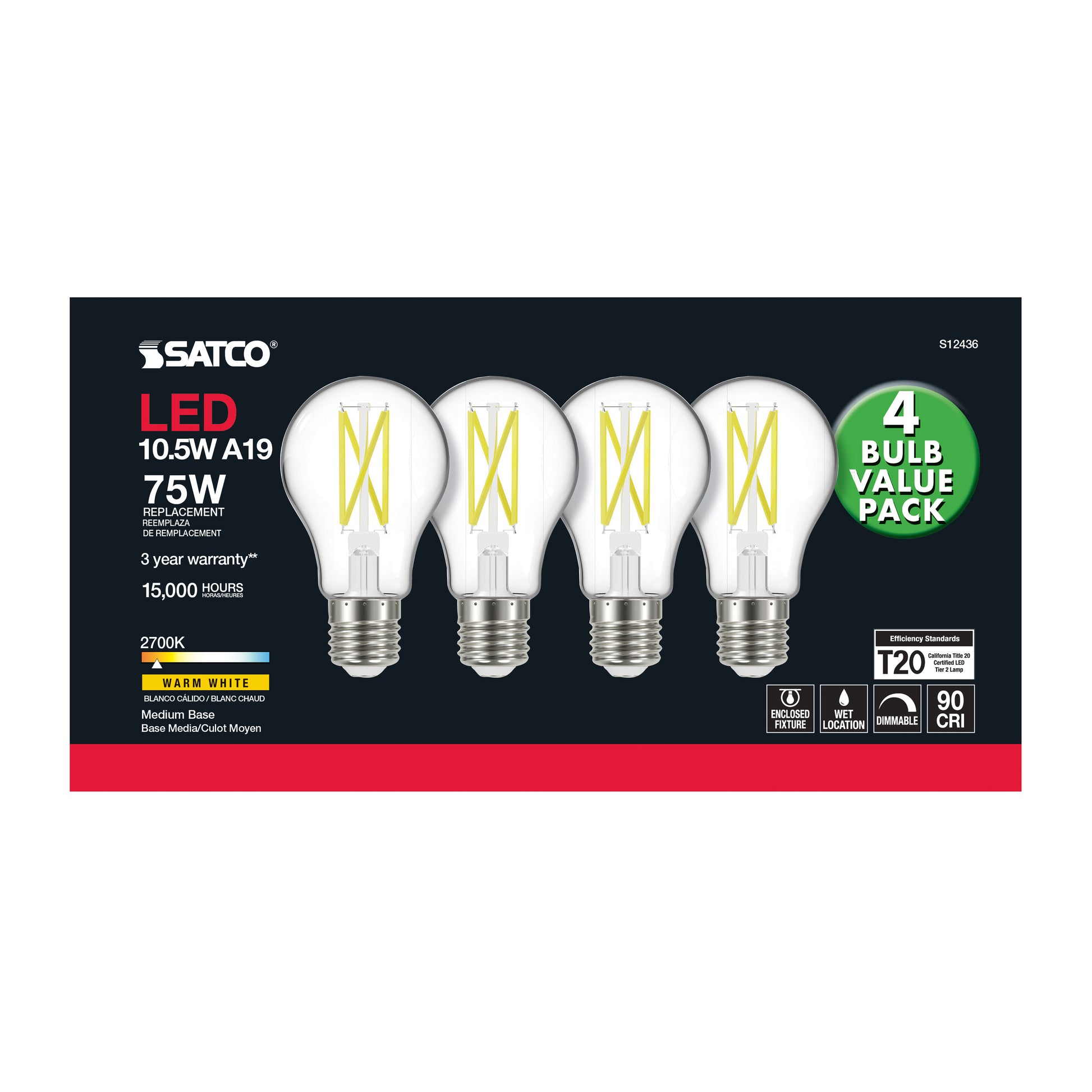 image of 10.5 Watt A19 LED - 75 Watt Replacement - Clear - Medium base - 2700K - 120 Volt - 4-Pack