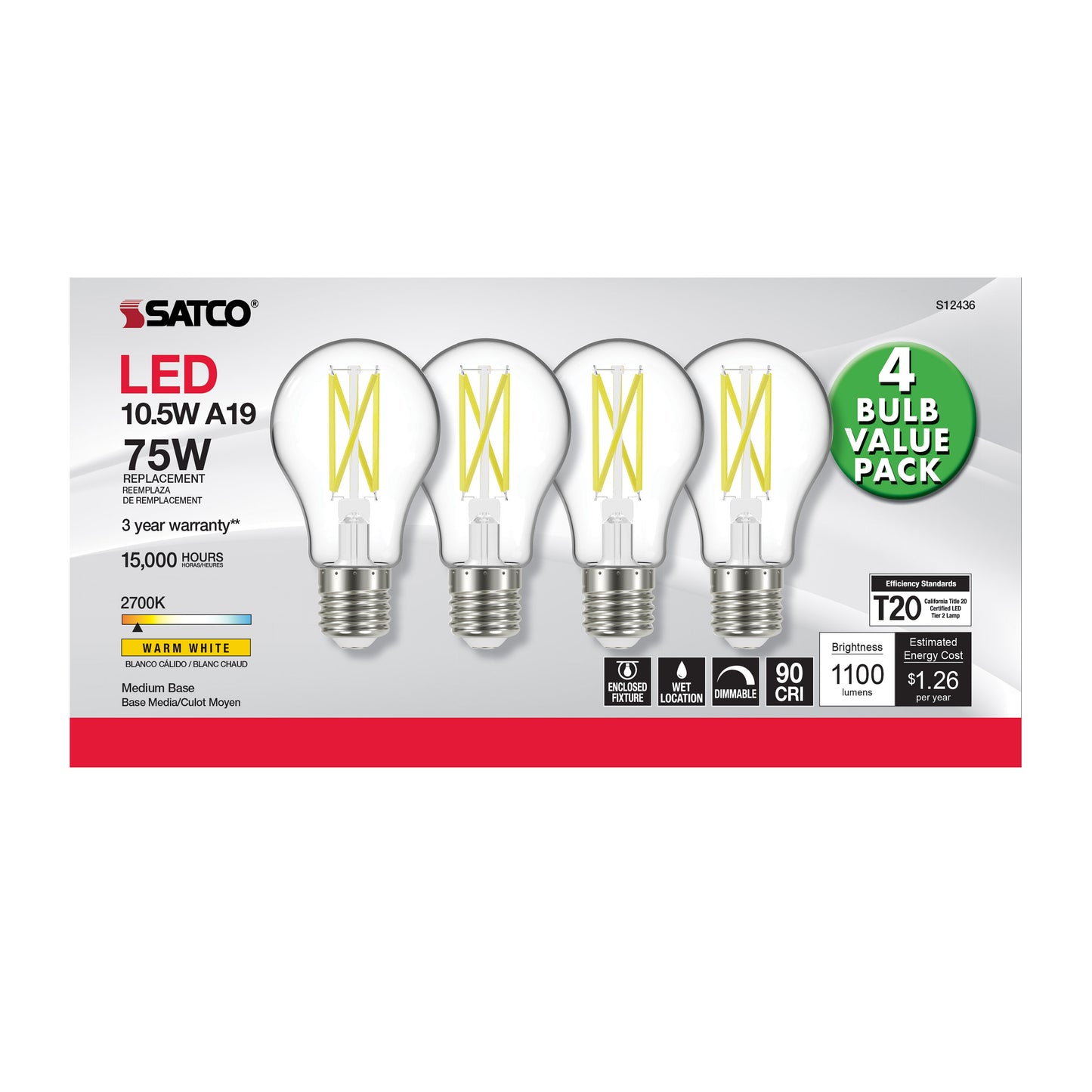 image of 10.5 Watt A19 LED - 75 Watt Replacement - Clear - Medium base - 2700K - 120 Volt - 4-Pack
