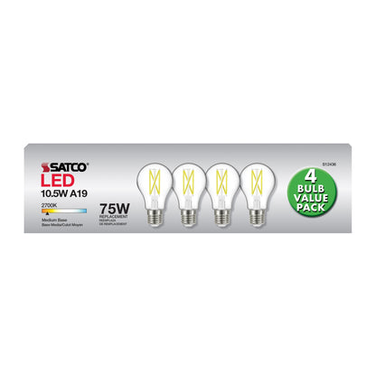 image of 10.5 Watt A19 LED - 75 Watt Replacement - Clear - Medium base - 2700K - 120 Volt - 4-Pack