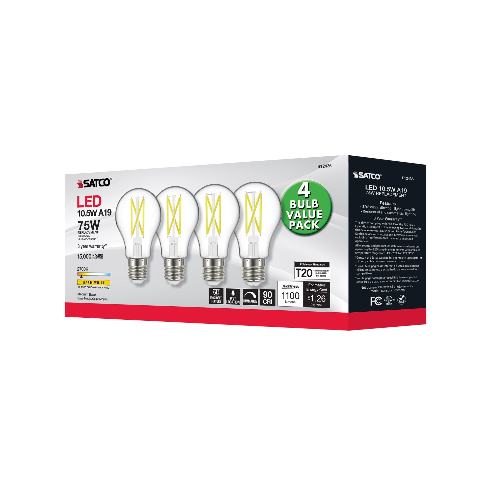 image of 10.5 Watt A19 LED - 75 Watt Replacement - Clear - Medium base - 2700K - 120 Volt - 4-Pack