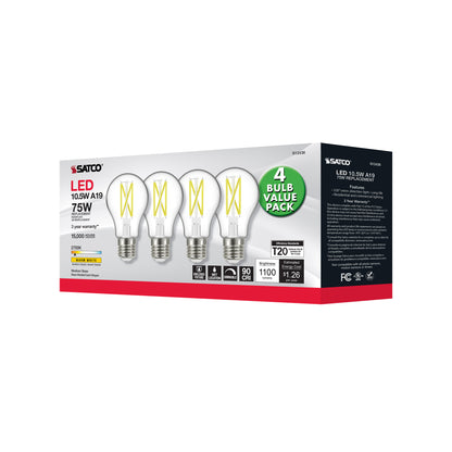 image of 10.5 Watt A19 LED - 75 Watt Replacement - Clear - Medium base - 2700K - 120 Volt - 4-Pack