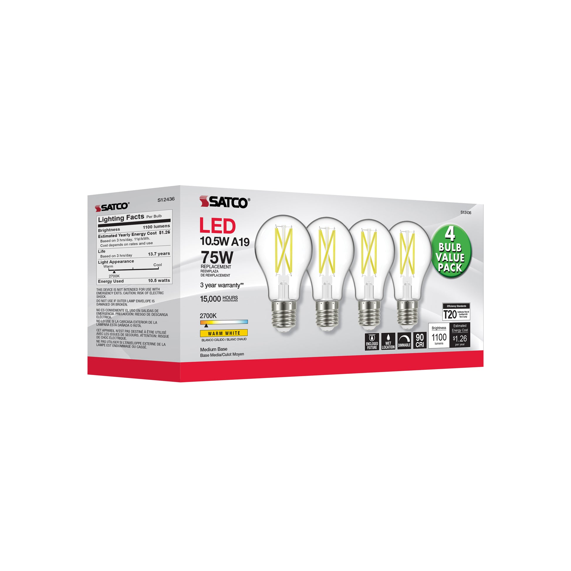 image of 10.5 Watt A19 LED - 75 Watt Replacement - Clear - Medium base - 2700K - 120 Volt - 4-Pack