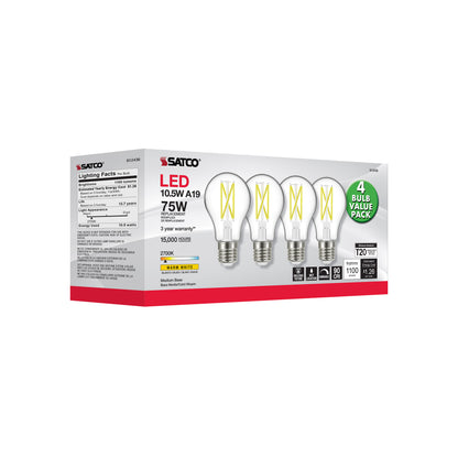image of 10.5 Watt A19 LED - 75 Watt Replacement - Clear - Medium base - 2700K - 120 Volt - 4-Pack