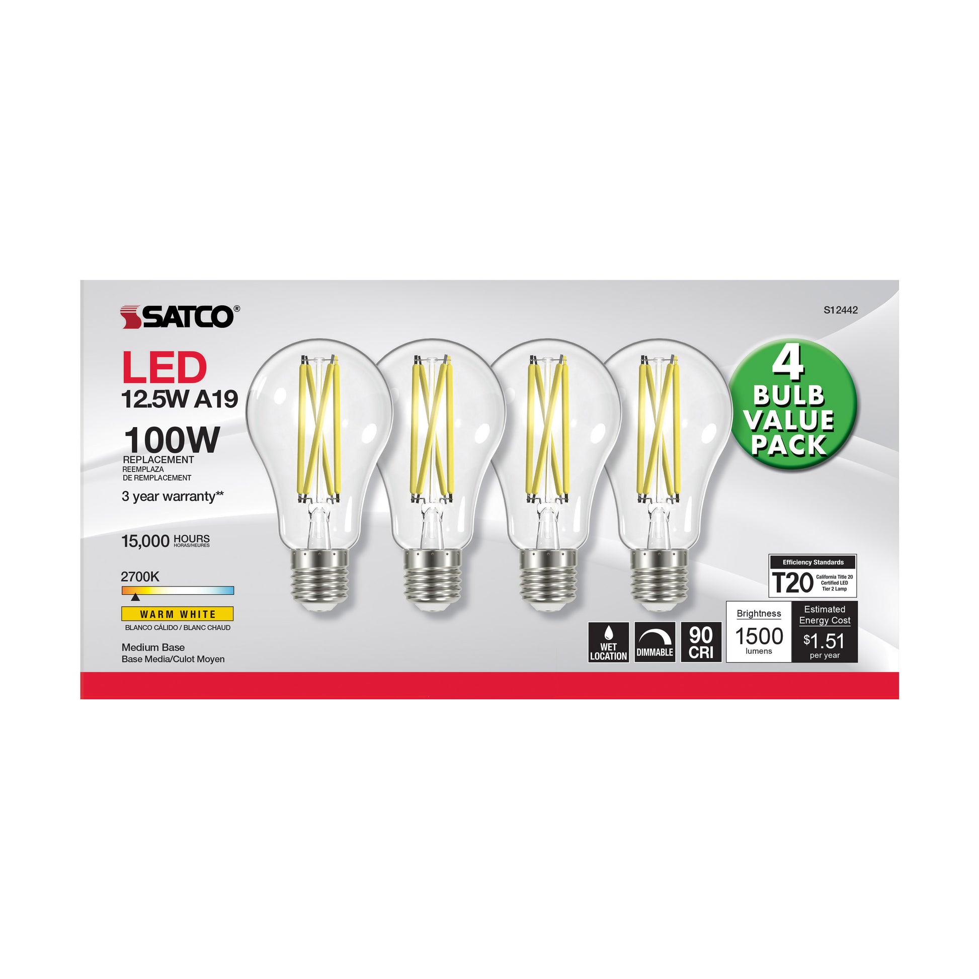 image of 12.5 Watt A19 LED - 100 Watt Replacement - Clear - Medium base - 2700K - 120 Volt - 4-Pack