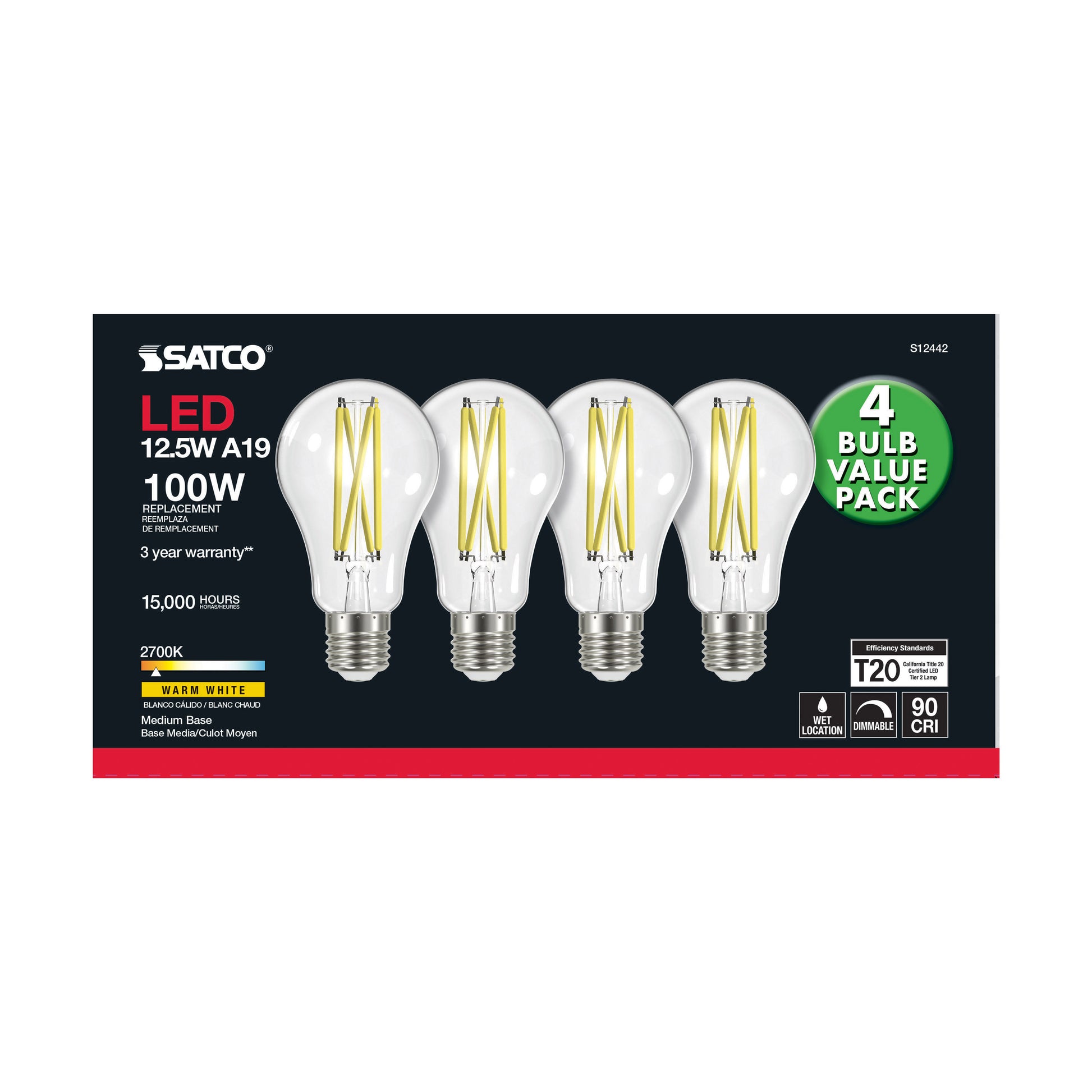 image of 12.5 Watt A19 LED - 100 Watt Replacement - Clear - Medium base - 2700K - 120 Volt - 4-Pack