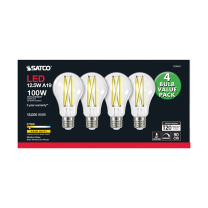 image of 12.5 Watt A19 LED - 100 Watt Replacement - Clear - Medium base - 2700K - 120 Volt - 4-Pack