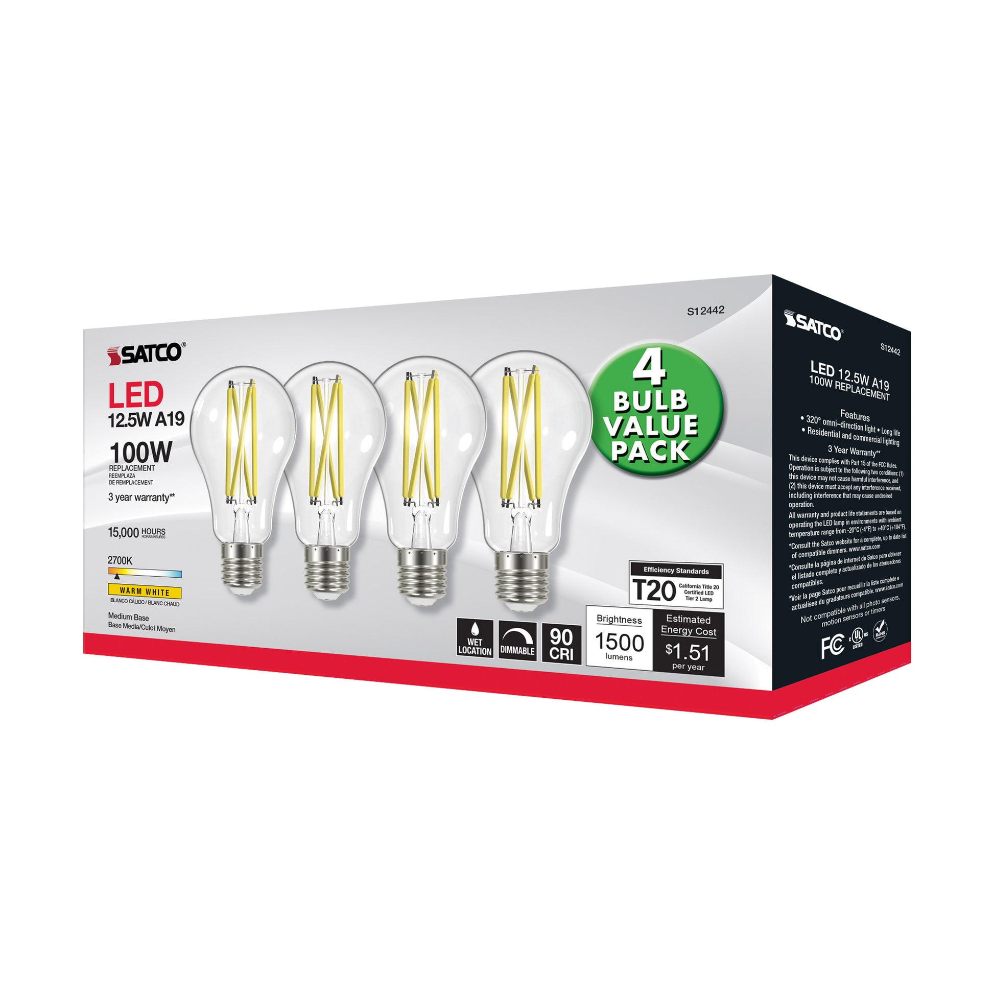 image of 12.5 Watt A19 LED - 100 Watt Replacement - Clear - Medium base - 2700K - 120 Volt - 4-Pack
