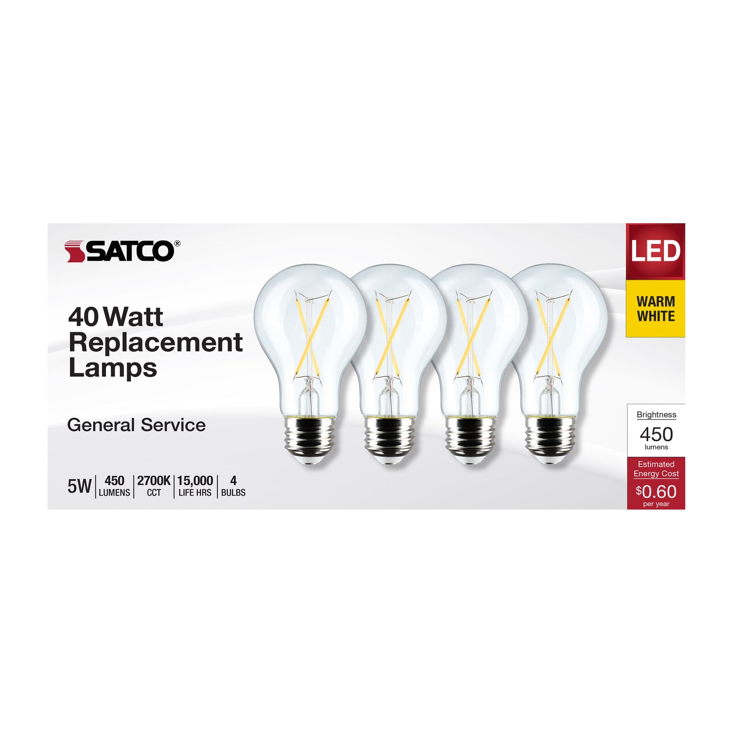 image of 5 Watt A19 LED - Clear - 2700K - Medium Base - 120 Volt - 4-Pack