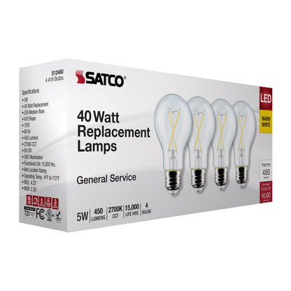 image of 5 Watt A19 LED - Clear - 2700K - Medium Base - 120 Volt - 4-Pack