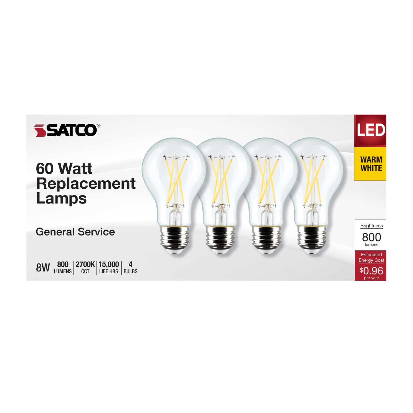 image of 8 Watt A19 LED - Clear - 2700K - Medium Base - 120 Volt - 4-Pack