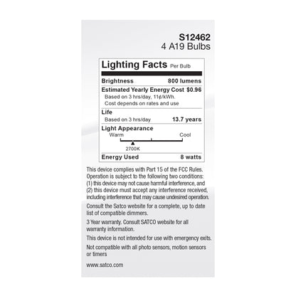 image of 8 Watt A19 LED - Clear - 2700K - Medium Base - 120 Volt - 4-Pack