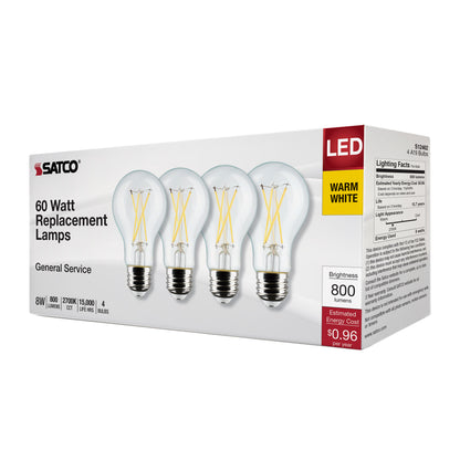 image of 8 Watt A19 LED - Clear - 2700K - Medium Base - 120 Volt - 4-Pack