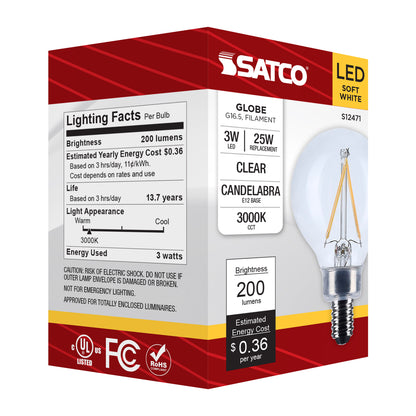 image of 3 Watt G16.5 LED - Candelabra Base - Clear - 3000K CCT - 120 Volt