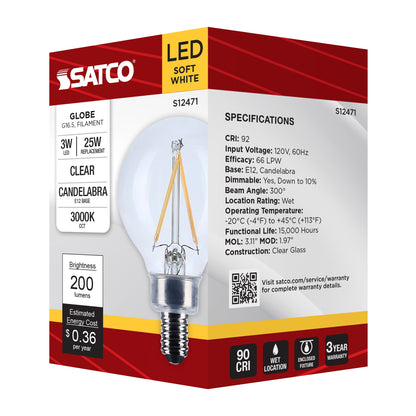 image of 3 Watt G16.5 LED - Candelabra Base - Clear - 3000K CCT - 120 Volt