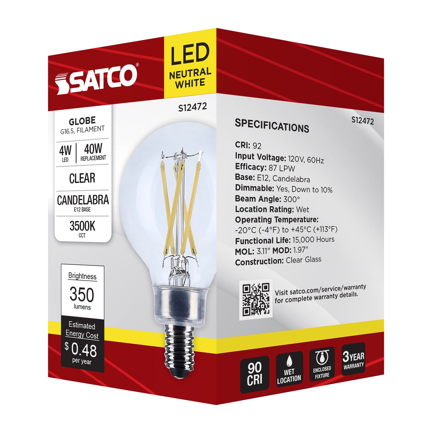 image of 4 Watt G16.5 LED - Candelabra Base - Clear - 3500K CCT - 120 Volt