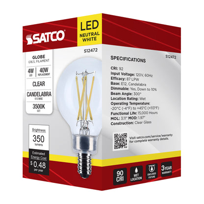 image of 4 Watt G16.5 LED - Candelabra Base - Clear - 3500K CCT - 120 Volt