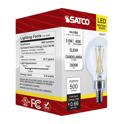 image of 5.5 Watt G16.5 LED - Candelabra Base - Clear - 3500K CCT - 120 Volt
