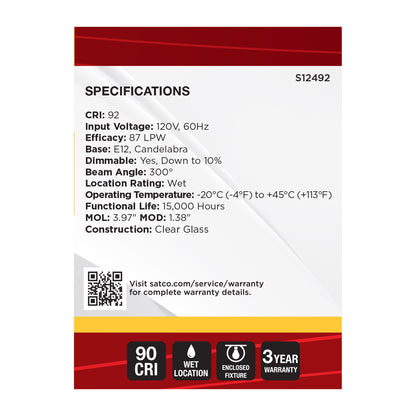 image of 4 Watt B11 LED - Candelabra Base - Clear - 3000K CCT - 120 Volt - 10-pk