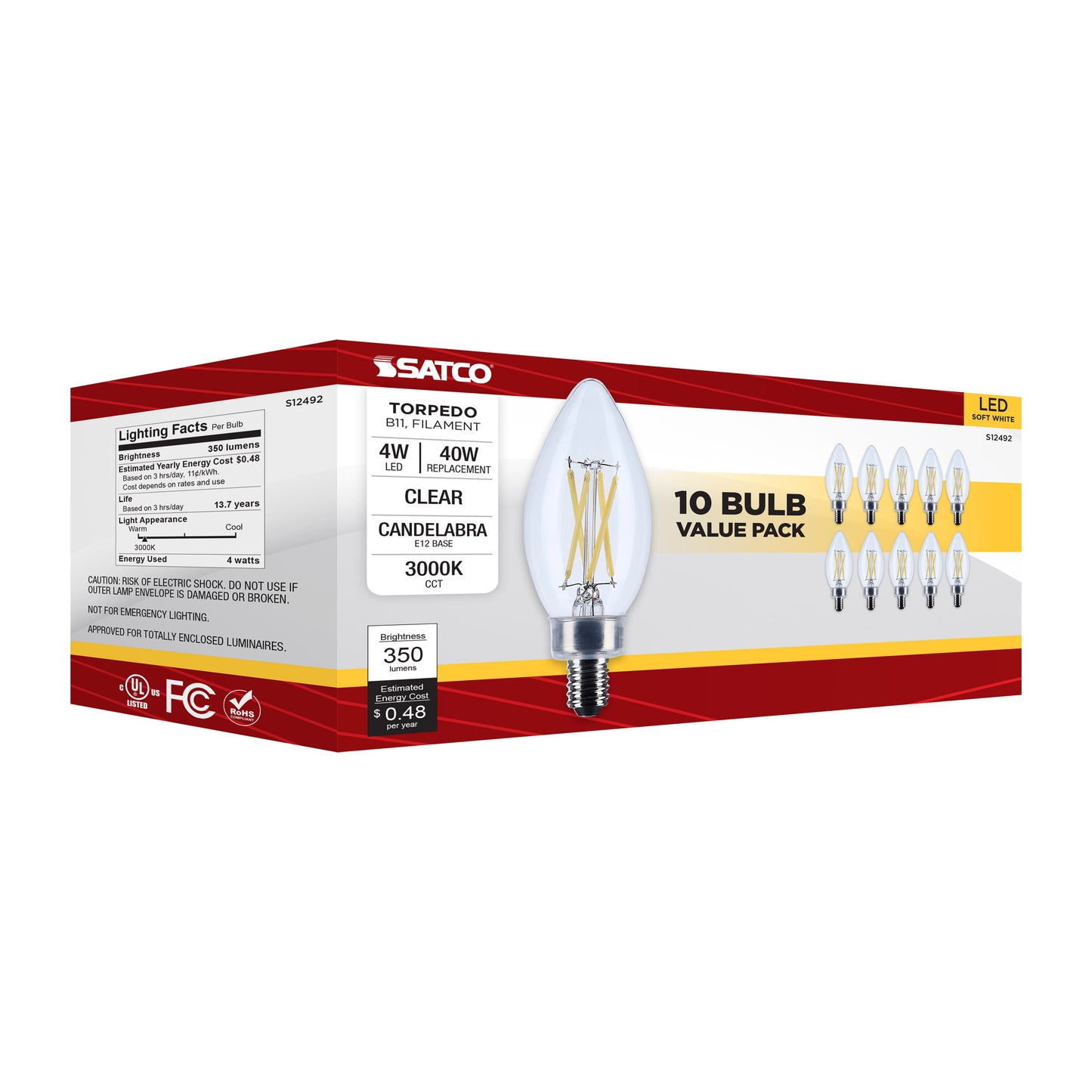 image of 4 Watt B11 LED - Candelabra Base - Clear - 3000K CCT - 120 Volt - 10-pk