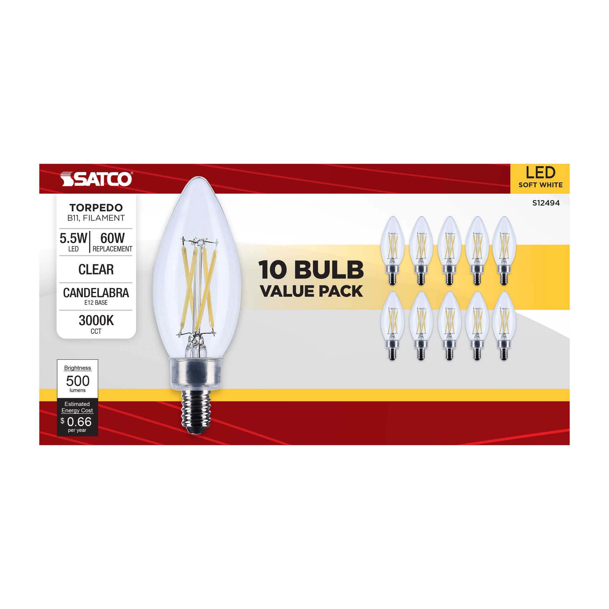 image of 5.5 Watt B11 LED - Candelabra Base - Clear - 3000K CCT - 120 Volt - 10-pk