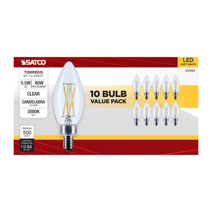 image of 5.5 Watt B11 LED - Candelabra Base - Clear - 3000K CCT - 120 Volt - 10-pk