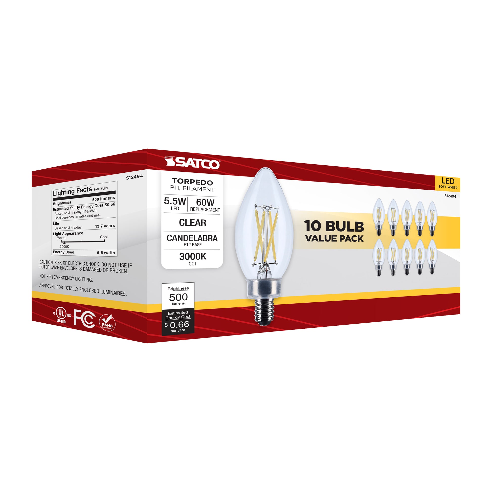 image of 5.5 Watt B11 LED - Candelabra Base - Clear - 3000K CCT - 120 Volt - 10-pk