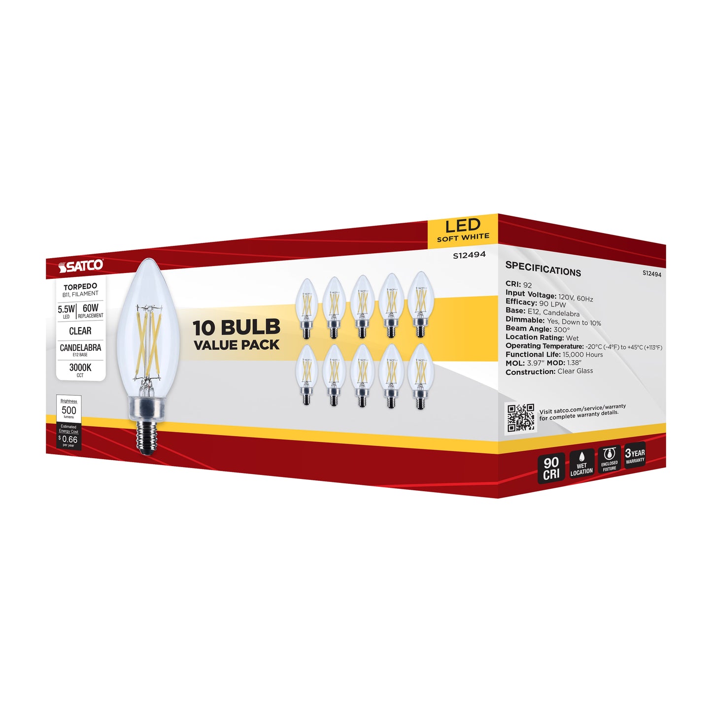 image of 5.5 Watt B11 LED - Candelabra Base - Clear - 3000K CCT - 120 Volt - 10-pk