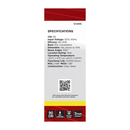 image of 8 Watt B11 LED - Candelabra Base - Candle-Tip - Clear - 3500K CCT - 120 Volt