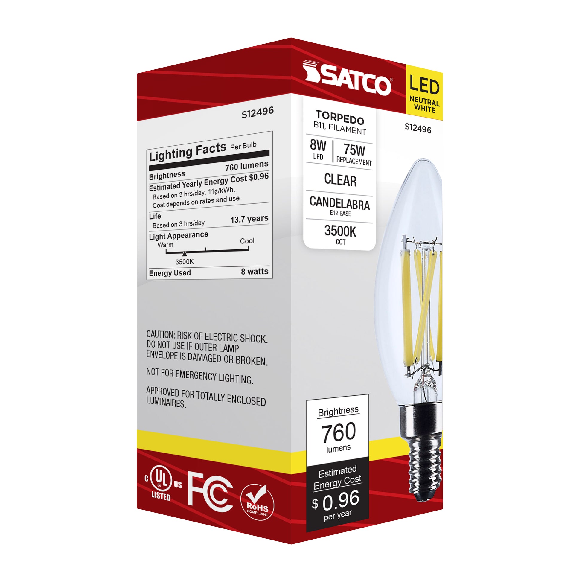 image of 8 Watt B11 LED - Candelabra Base - Candle-Tip - Clear - 3500K CCT - 120 Volt