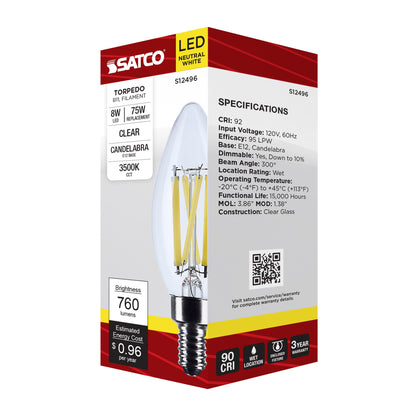 image of 8 Watt B11 LED - Candelabra Base - Candle-Tip - Clear - 3500K CCT - 120 Volt