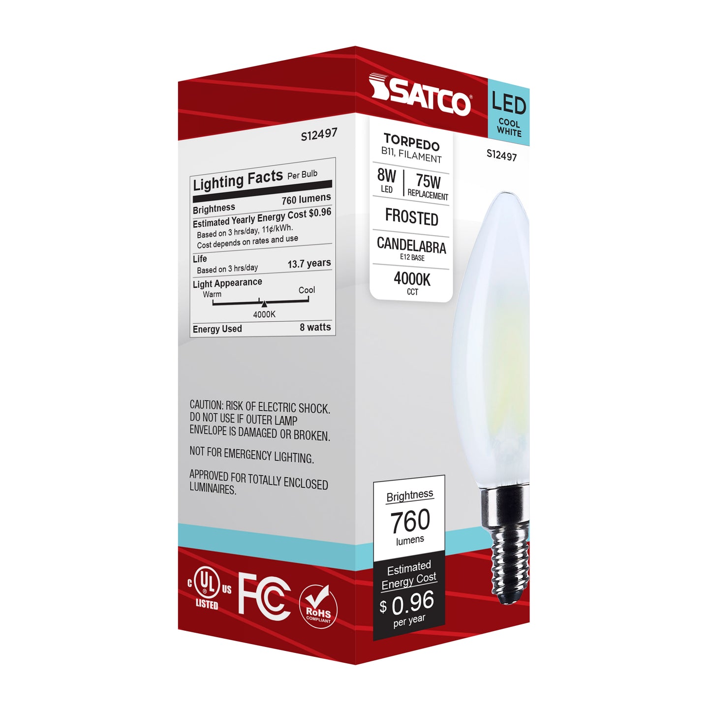 image of 8 Watt B11 LED - Candelabra Base - Candle-Tip - Frost Finish - 4000K CCT - 120 Volt