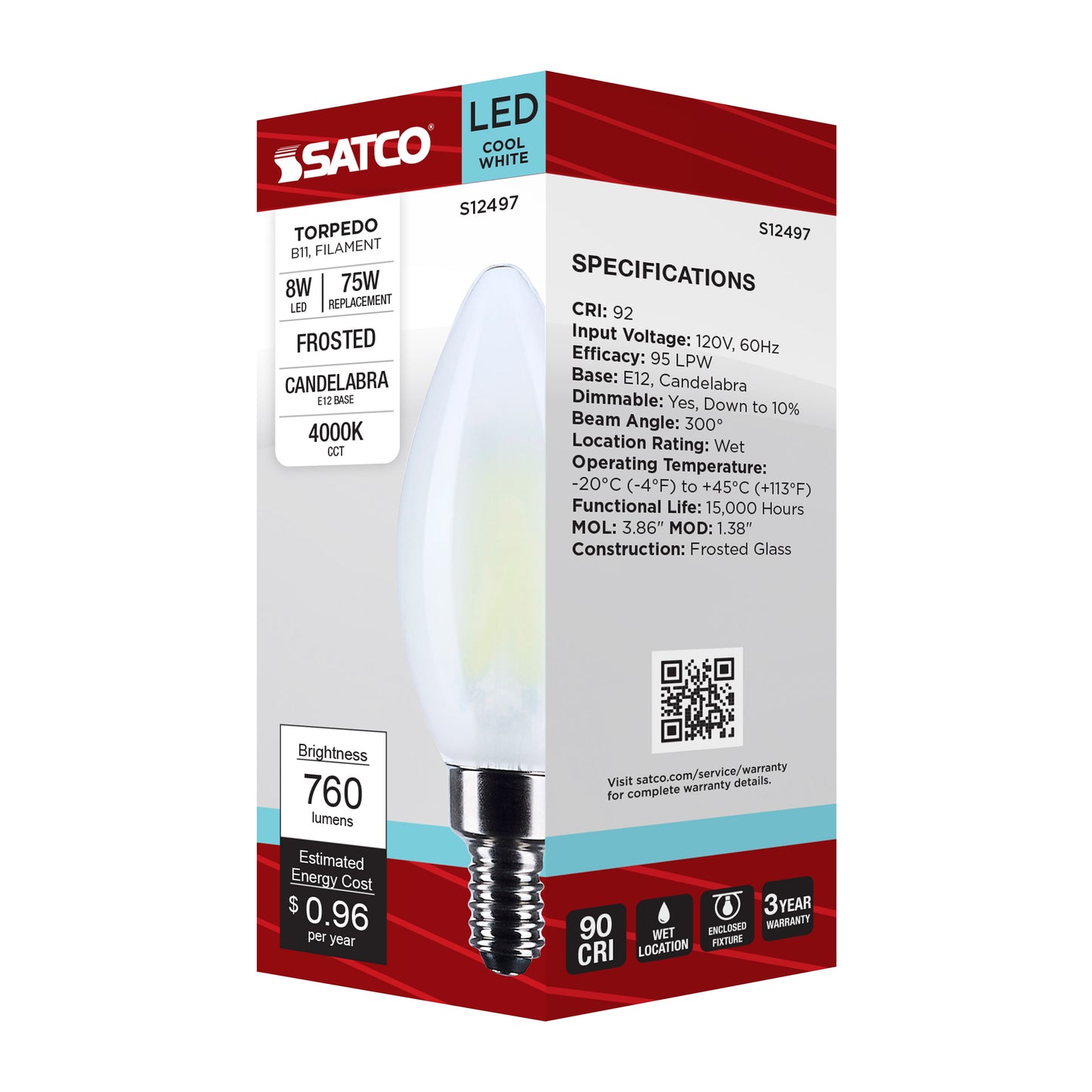 image of 8 Watt B11 LED - Candelabra Base - Candle-Tip - Frost Finish - 4000K CCT - 120 Volt