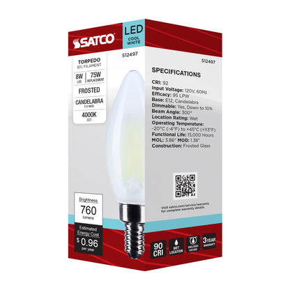 image of 8 Watt B11 LED - Candelabra Base - Candle-Tip - Frost Finish - 4000K CCT - 120 Volt
