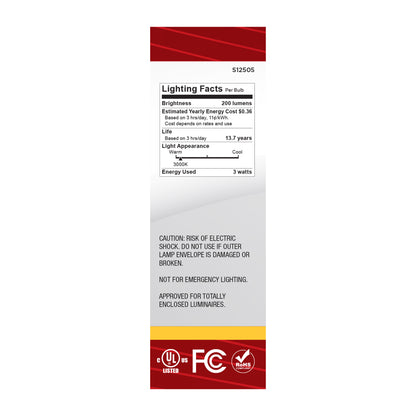 image of 3 Watt CA10 LED - Candelabra Base - Clear - 3000K CCT - 120 Volt