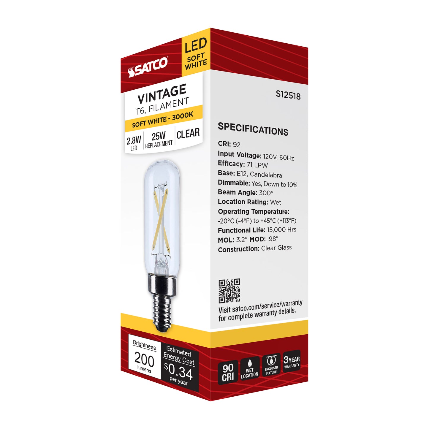 image of 2.8 Watt T6 LED - Candelabra Base - Clear - 3000K CCT - 120 Volt