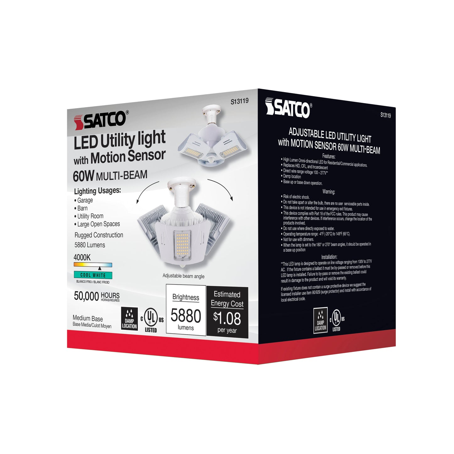 image of 60 Watt LED Motion Sensor Utility Light 4000K - Medium base - Adjustable Beam Angle - 100-277 Volt