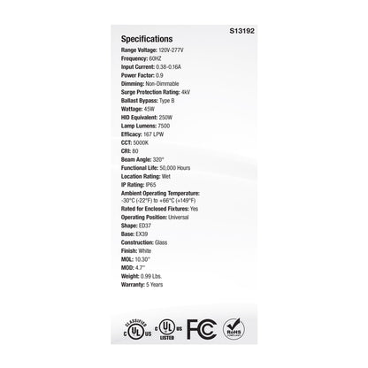 image of 45 Watt LED HID Replacement - ED37 - 5000K - Extended Mogul Base - White - 120-277 Range Voltage