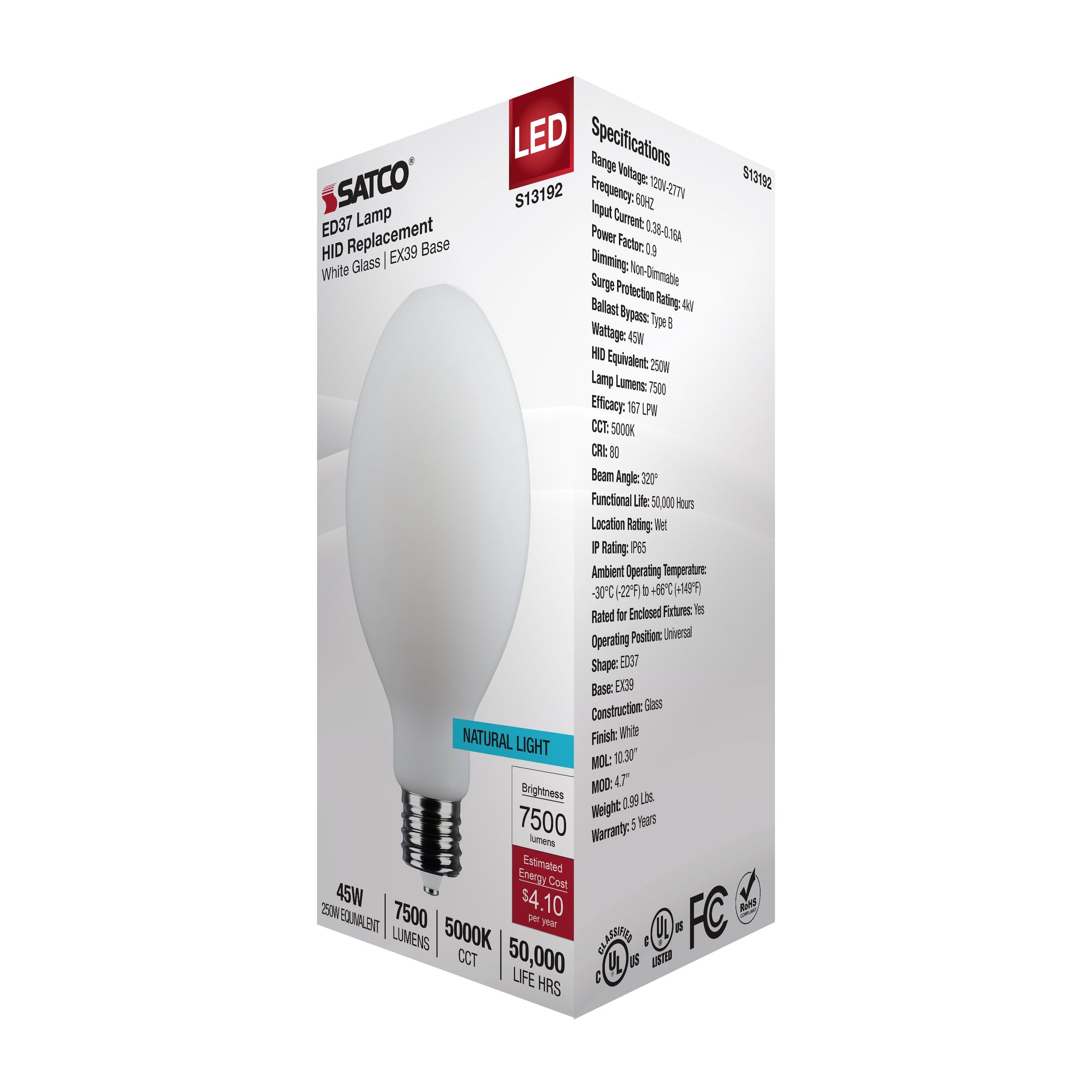 image of 45 Watt LED HID Replacement - ED37 - 5000K - Extended Mogul Base - White - 120-277 Range Voltage