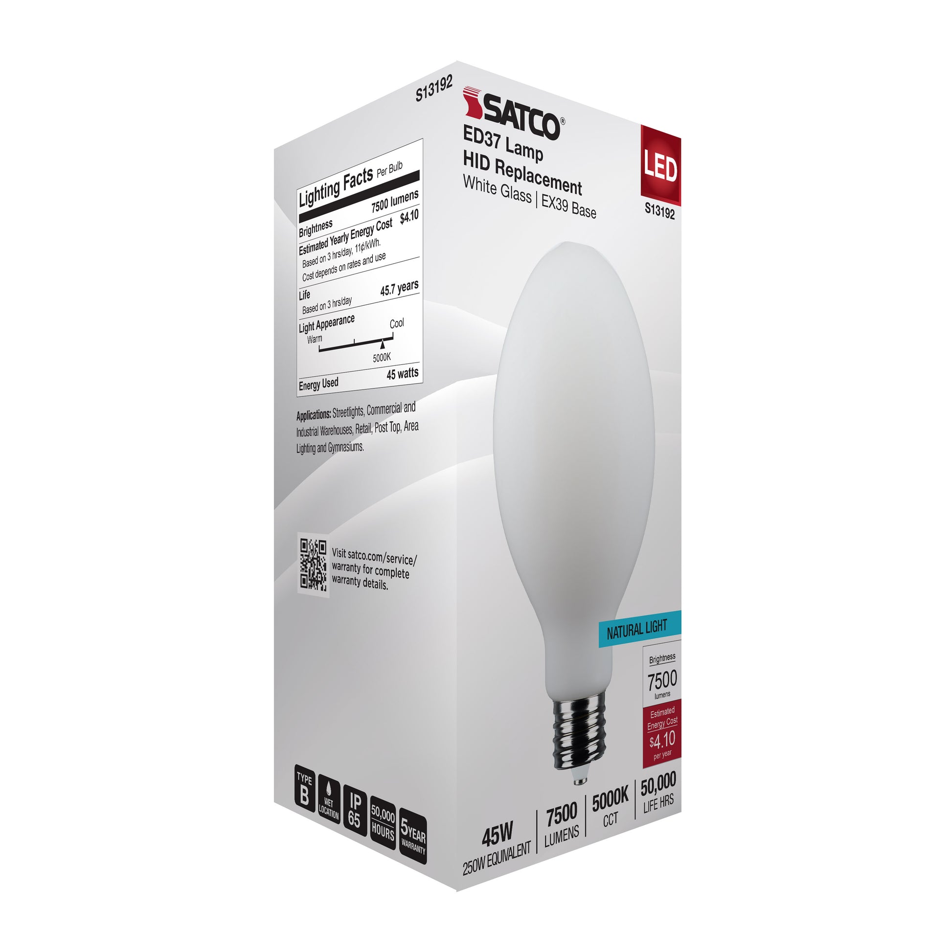 image of 45 Watt LED HID Replacement - ED37 - 5000K - Extended Mogul Base - White - 120-277 Range Voltage