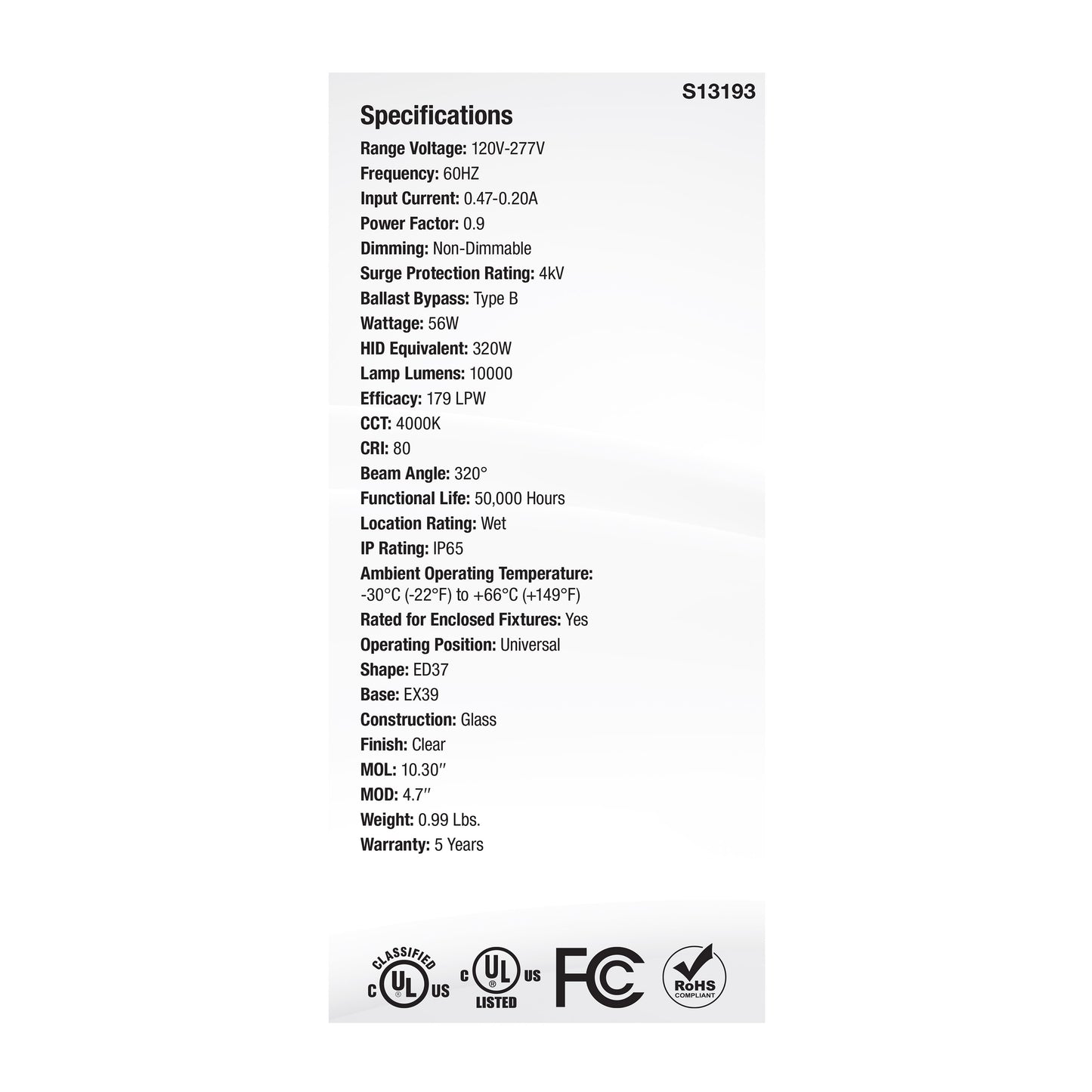 image of 56 Watt LED HID Replacement - ED37 - 4000K - Extended Mogul Base - Clear - 120-277 Range Voltage