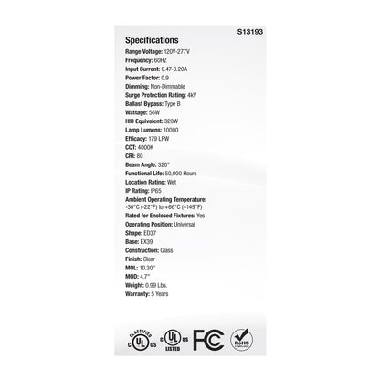 image of 56 Watt LED HID Replacement - ED37 - 4000K - Extended Mogul Base - Clear - 120-277 Range Voltage