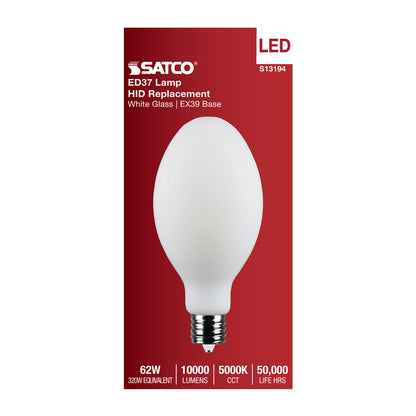 image of 62 Watt LED HID Replacement - ED37 - 5000K - Extended Mogul Base - White - 120-277 Range Voltage