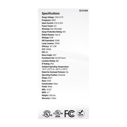 image of 62 Watt LED HID Replacement - ED37 - 5000K - Extended Mogul Base - White - 120-277 Range Voltage