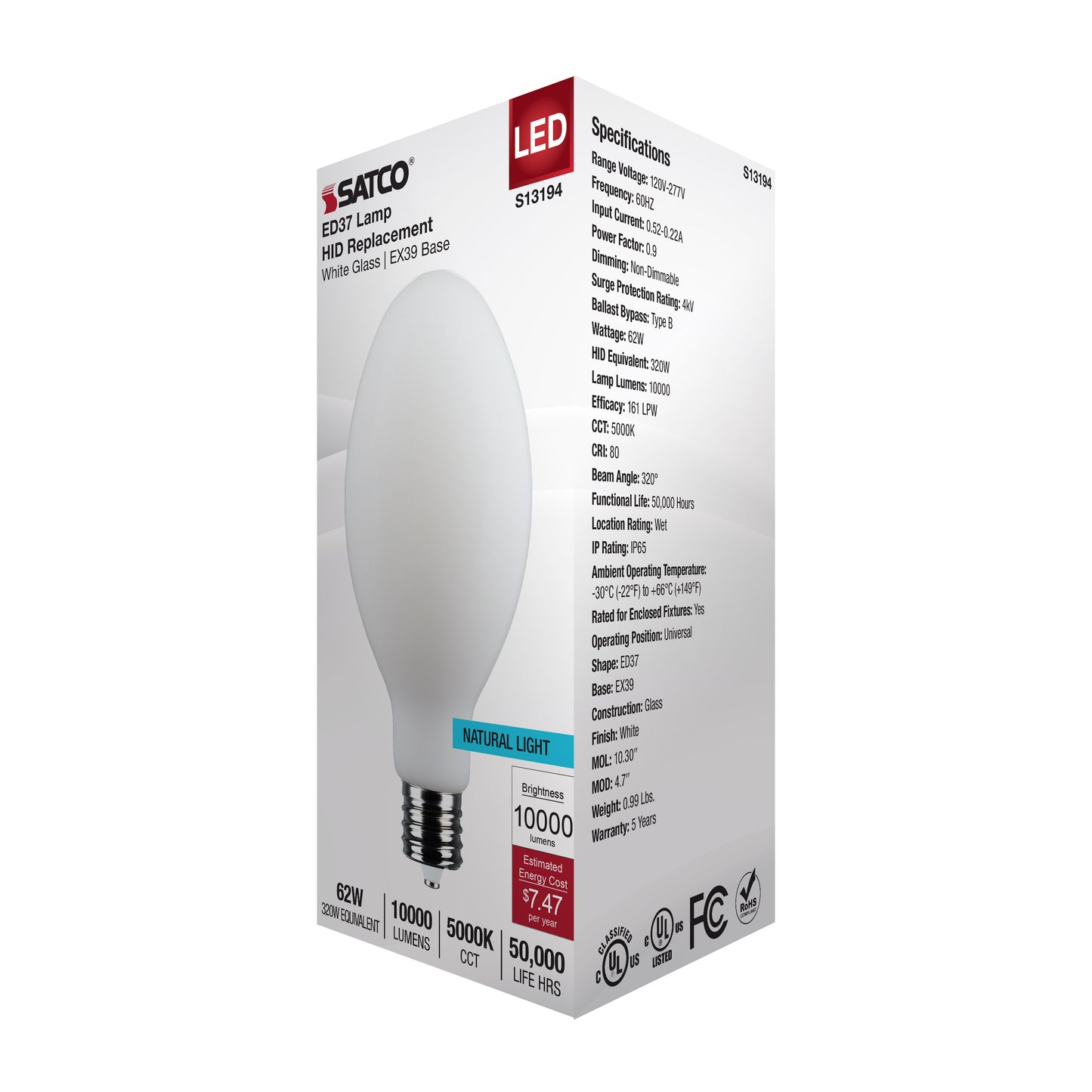 image of 62 Watt LED HID Replacement - ED37 - 5000K - Extended Mogul Base - White - 120-277 Range Voltage